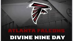 Atlanta Falcons logo with text 'Atlanta Falcons Divine Nine Day' on a gray background.