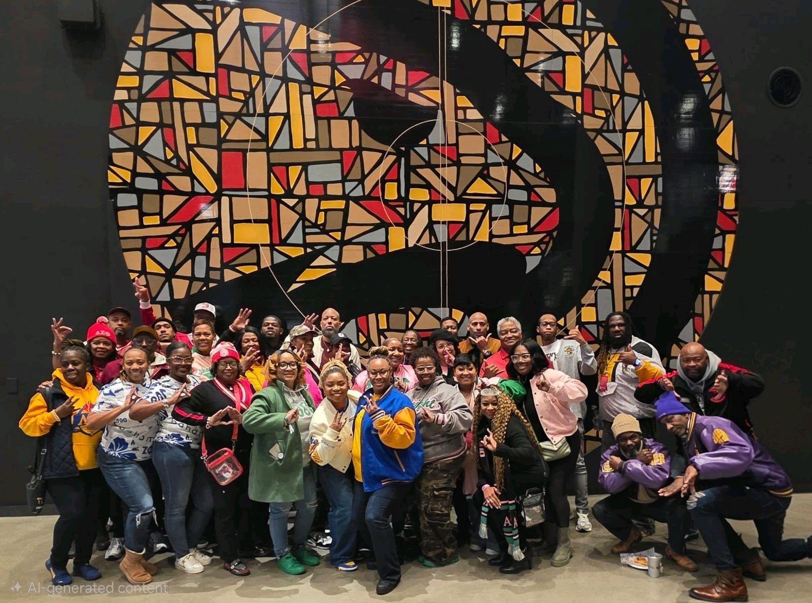 A group of diverse people posing in front of a large, abstract, circular mosaic art piece. The group includes men and women of various ages, some making peace signs, smiles, and other gestures.