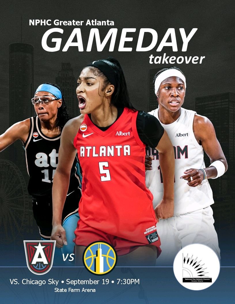 A woman in a red athletic jersey, smiling, holding a basketball, with text 'Atlanta Dream D9 Night' and Greek alphabet symbols on a colorful background.