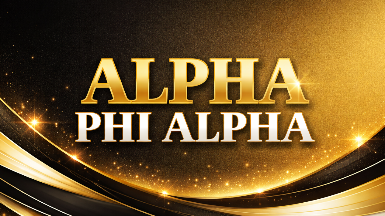 Golden and black background with sparkling stars and curved lines, displaying the text 'Alpha Phi Alpha' in gold and silver letters.