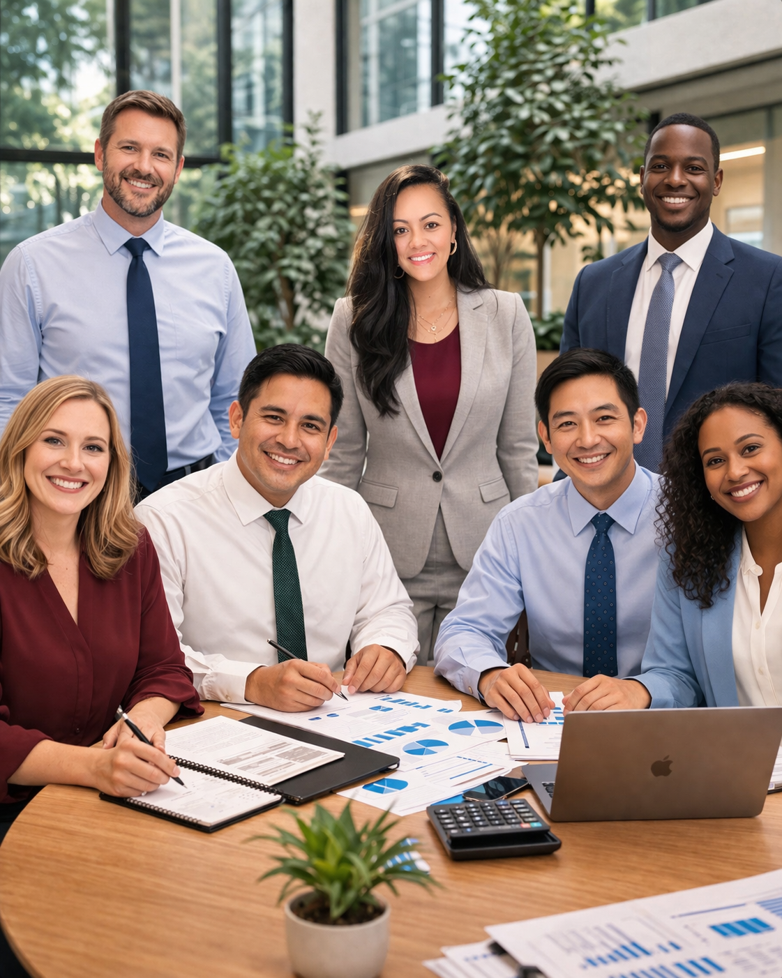 Group of diverse business professionals in an office, smiling, with documents, a laptop, and a calculator on the table.