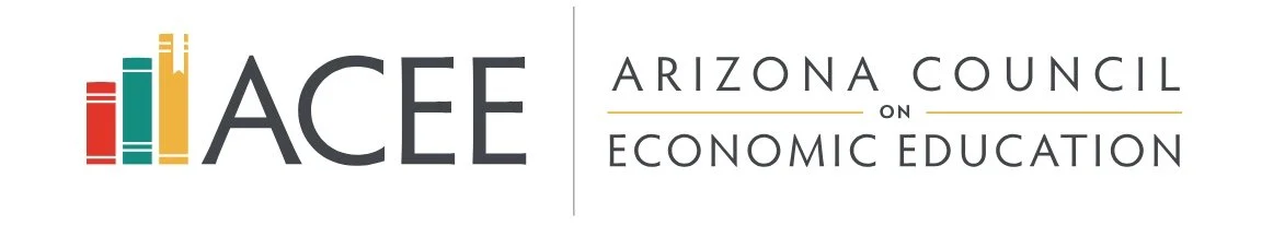 Logo for ACE Arizona Council on Economic Education featuring colorful books and text.