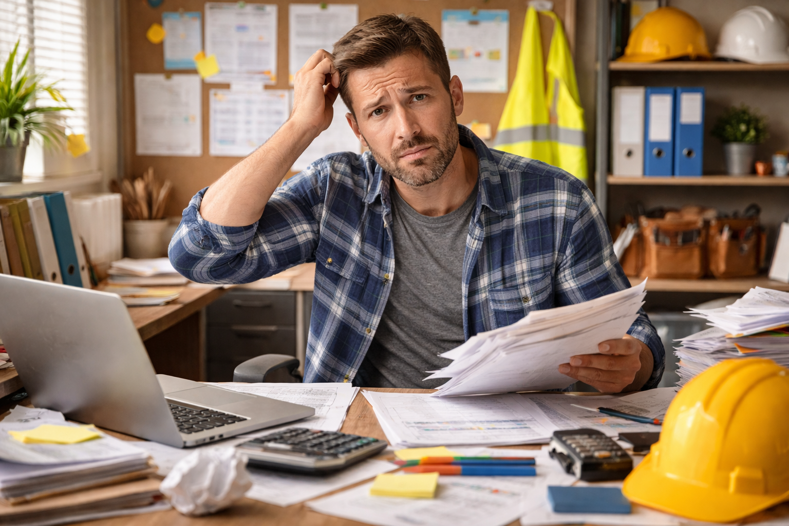 A man at a cluttered desk in an office or construction site, looking confused with his hand on his head, holding papers, with stacks of papers, a laptop, yellow construction hats, safety vests, and office supplies around him.