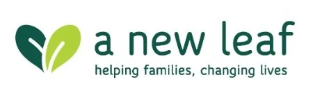 Logo for 'a new leaf' with a green and light green leaf graphic and the tagline 'helping families, changing lives'