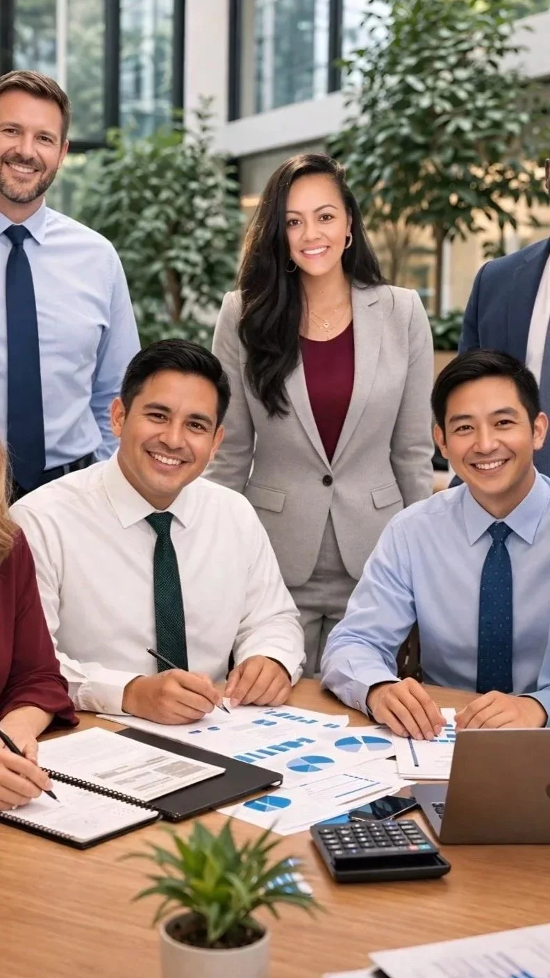 Business team in an office, seated at a table with documents, charts, and a laptop, smiling and posing for the photo.