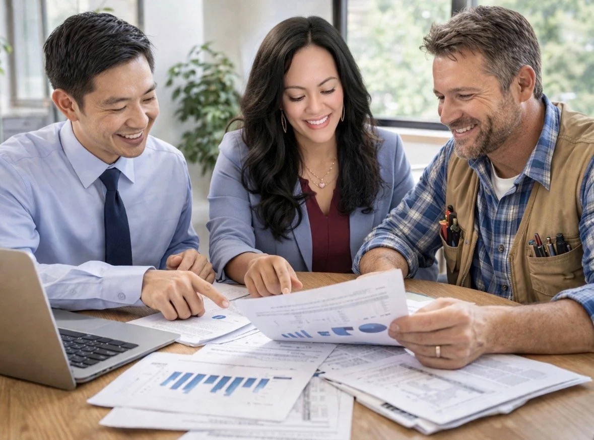 Three people sitting at a table discussing documents with charts and graphs, smiling and pointing at the papers, in an office setting with large windows and natural light.