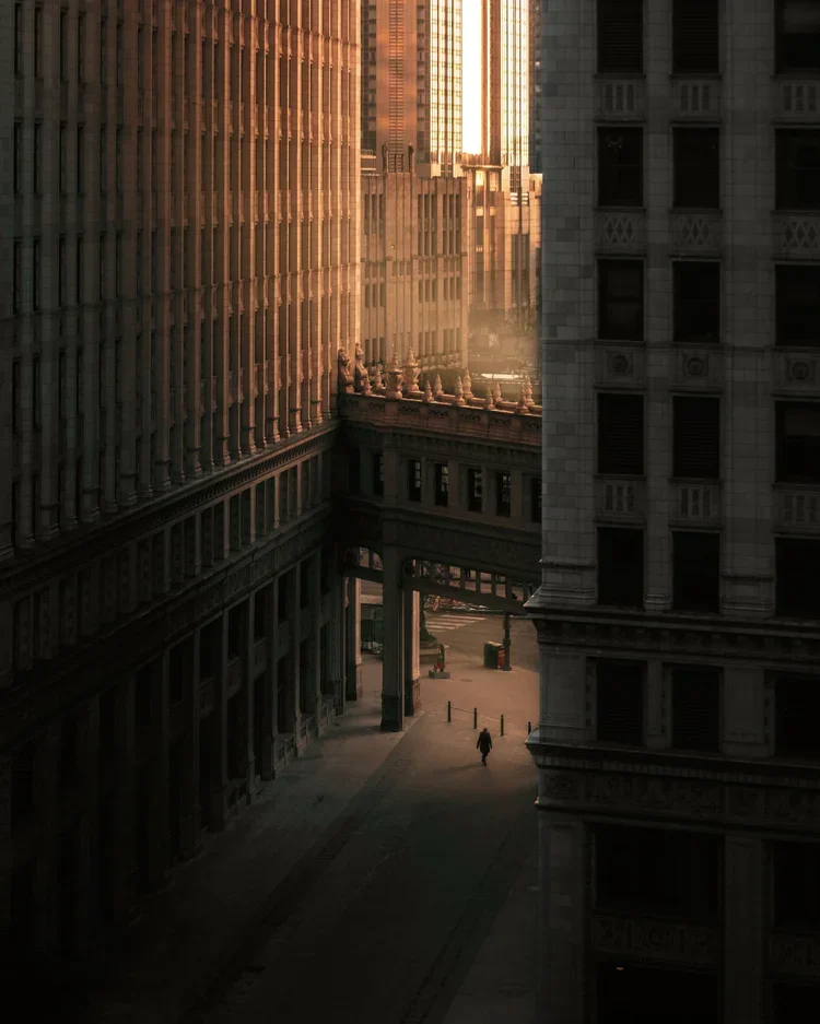 A person walking through a shadowed city street between tall skyscrapers at sunset, with sunlight illuminating the tops of the buildings.