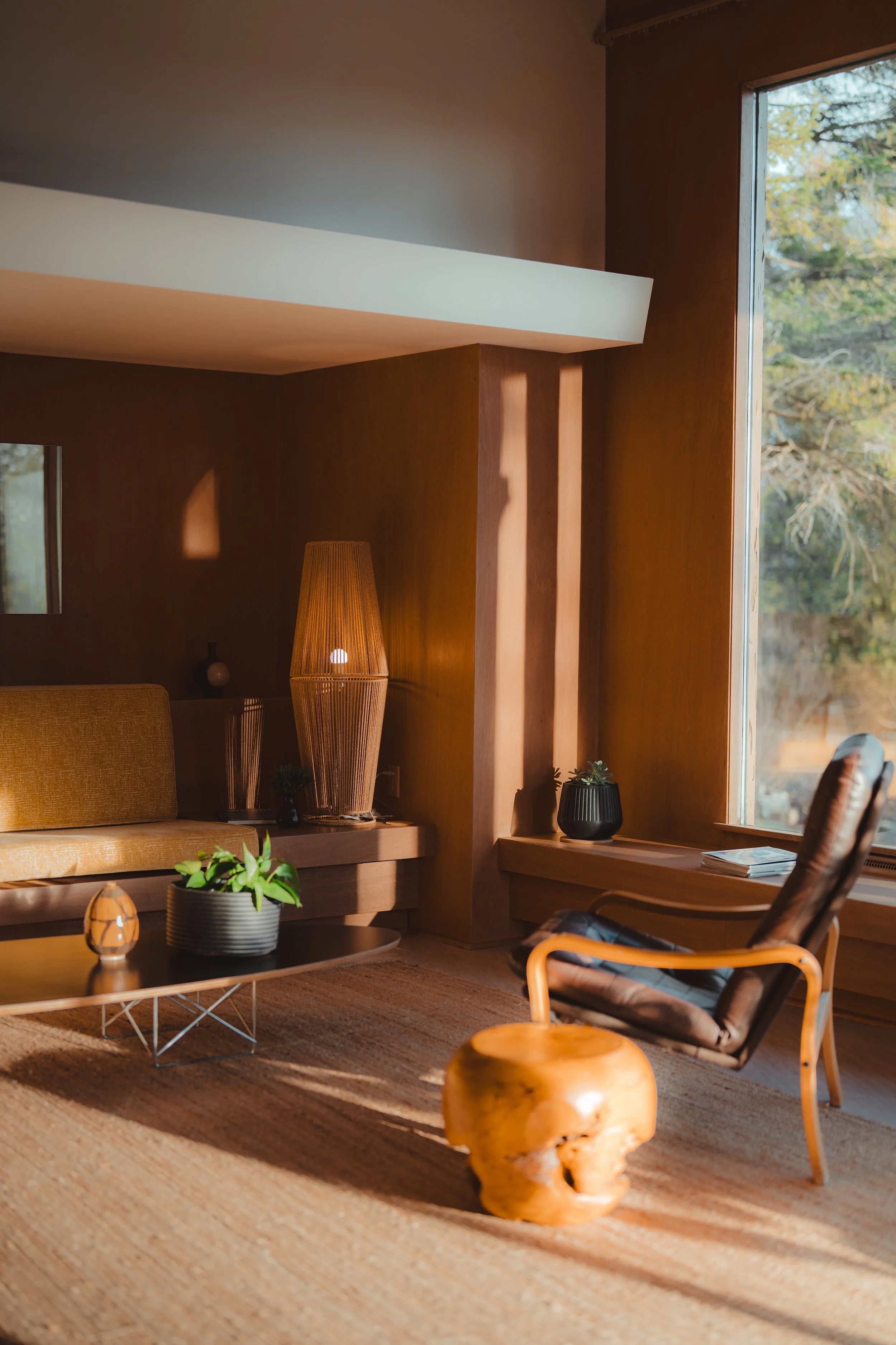 Living room with wooden walls, a large window, a yellow sofa, a black armchair, a coffee table with plants, and a floor lamp, illuminated by warm sunlight.
