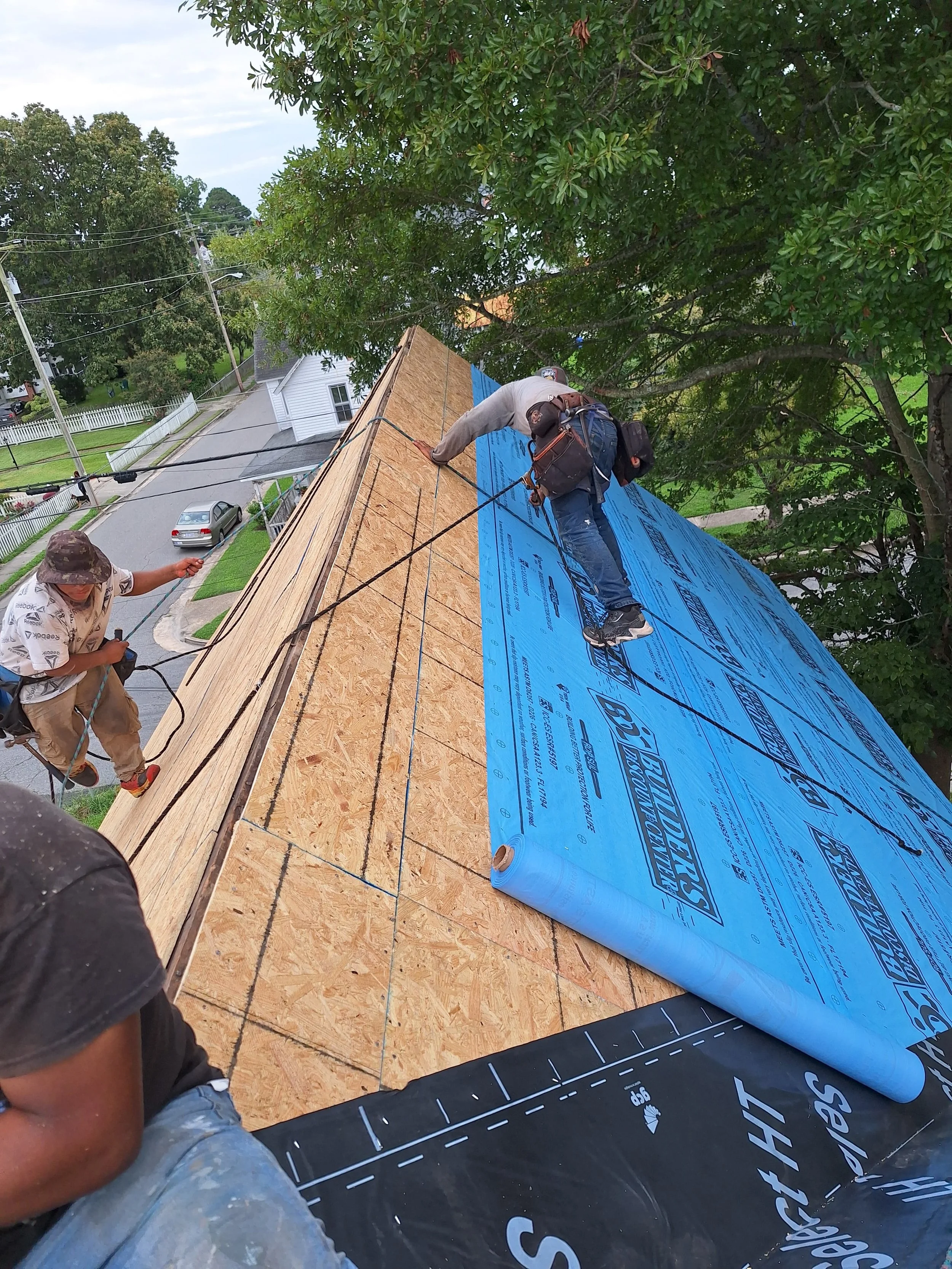 Workers installing blue roofing underlayment on a house roof, with some workers on the roof and others on the edge, on a residential street with trees and houses.