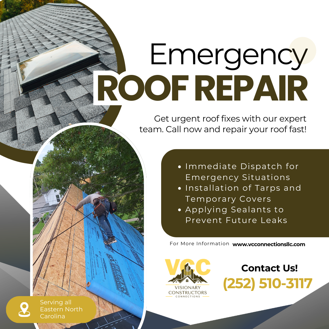 Flyer for emergency roof repair services with images of a roof vent and a worker installing a tarp on a roof, along with company info and contact number.