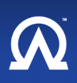 Blue background with a white stylized Omega symbol inside a circle