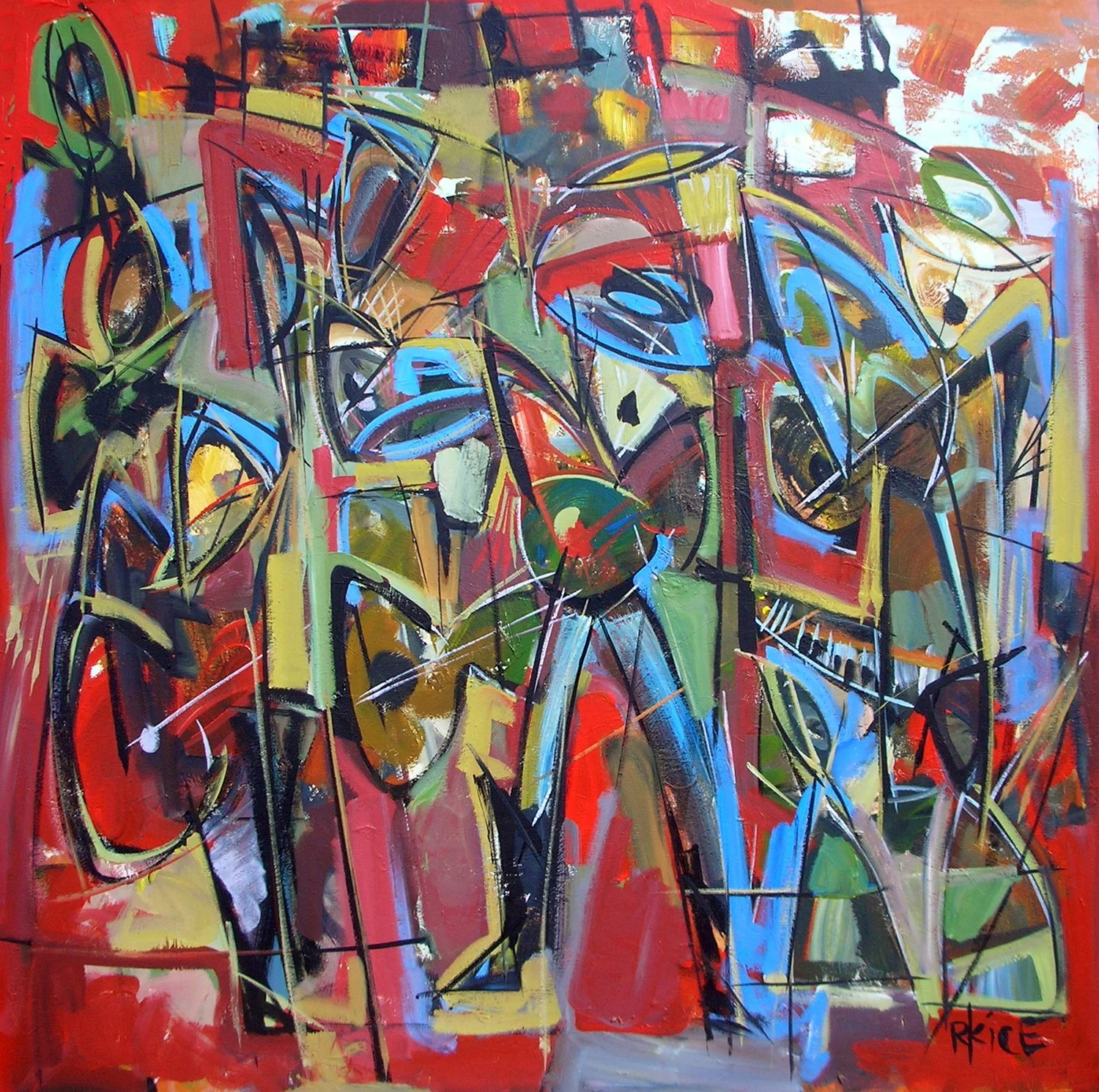 Abstract expressive painting by Rachel Kice, depicting the energy of music, movement, and the shape and form of musicians in performance during a MuzikMafia event.