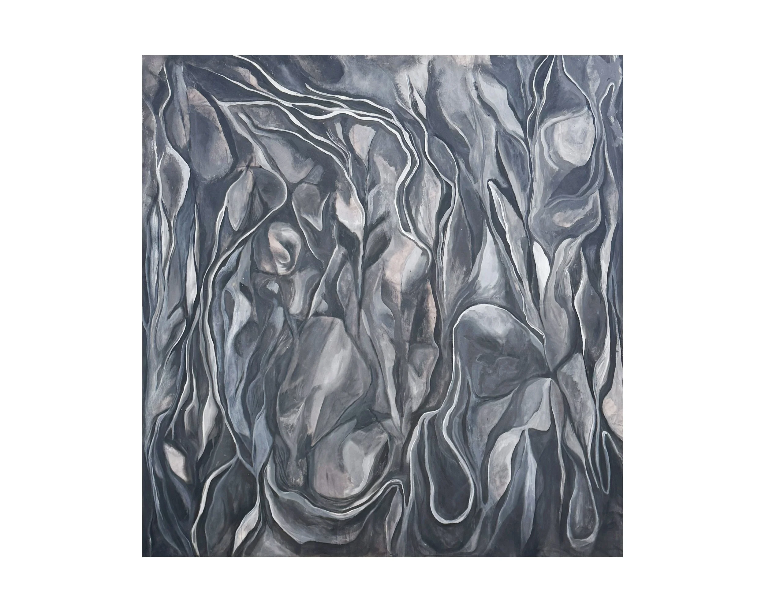 The Underneath. Acrylic over pastel, gesso, and natural materials on canvas, 60 × 58 × 0.75 in., 2024–2026. Series: Elsewhere