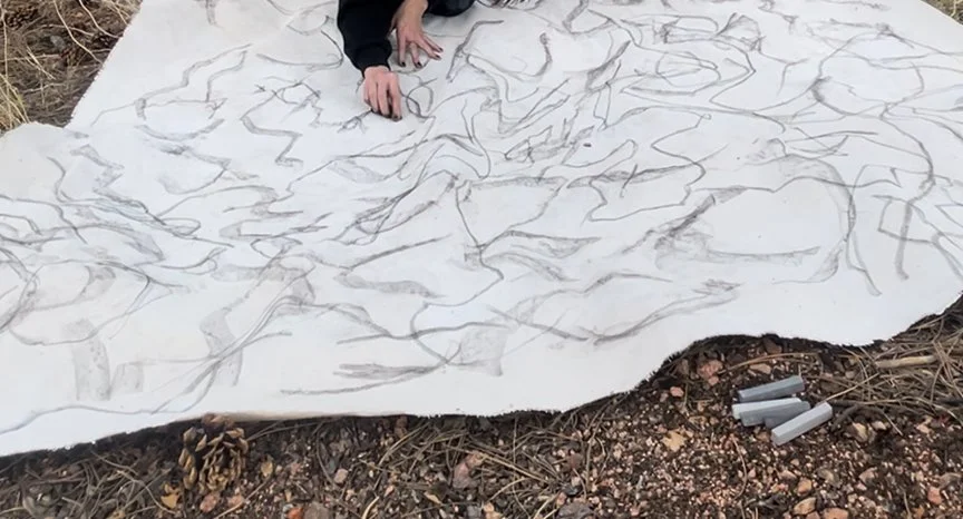 Pastel marks made in response to the ground beneath the canvas.