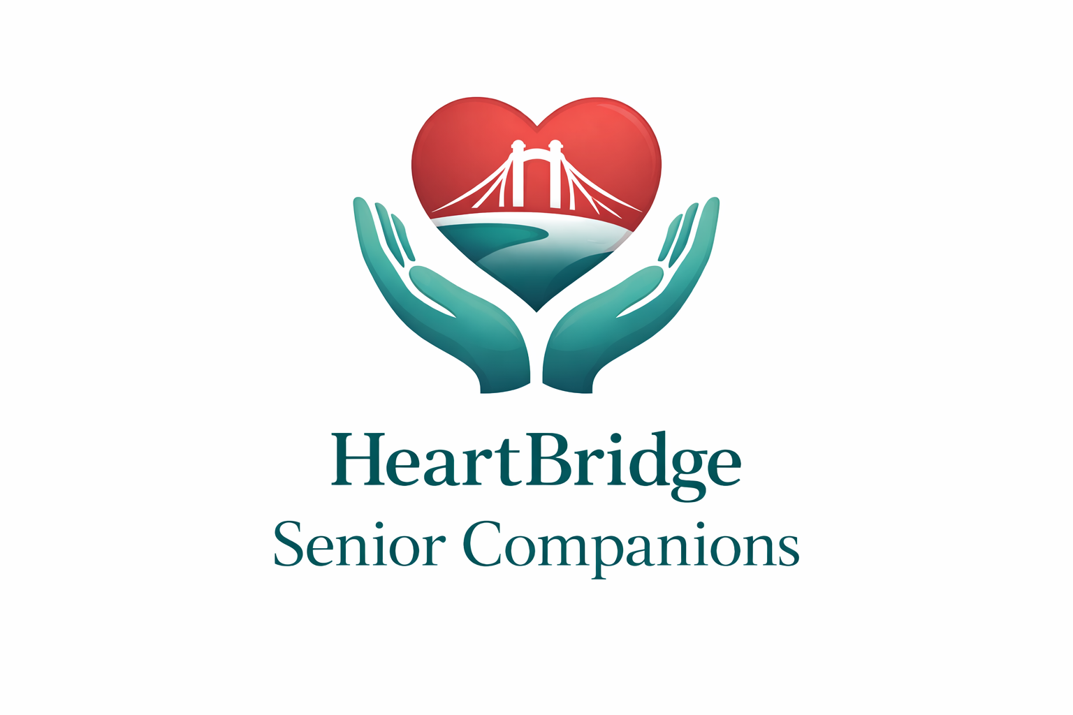 Logo for HeartBridge Senior Companions featuring two teal hands cupping a red heart with a bridge inside the heart, and the text 'HeartBridge Senior Companions' below.