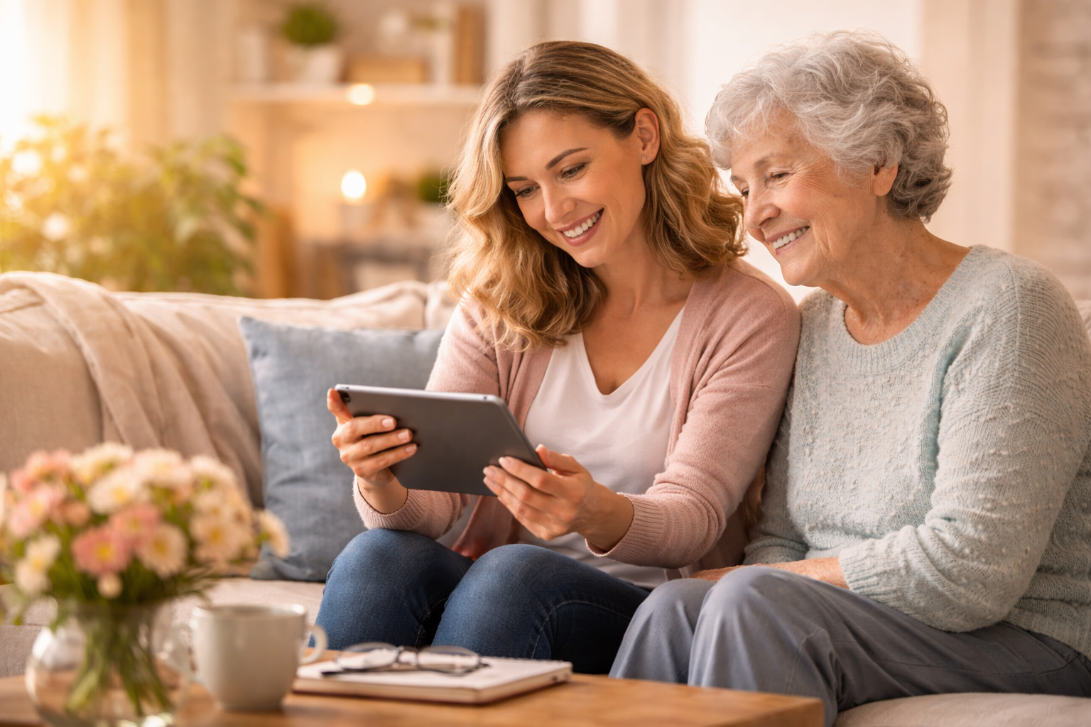 A young woman and an elderly woman sitting on a beige sofa, smiling and looking at a tablet together in a cozy living room.