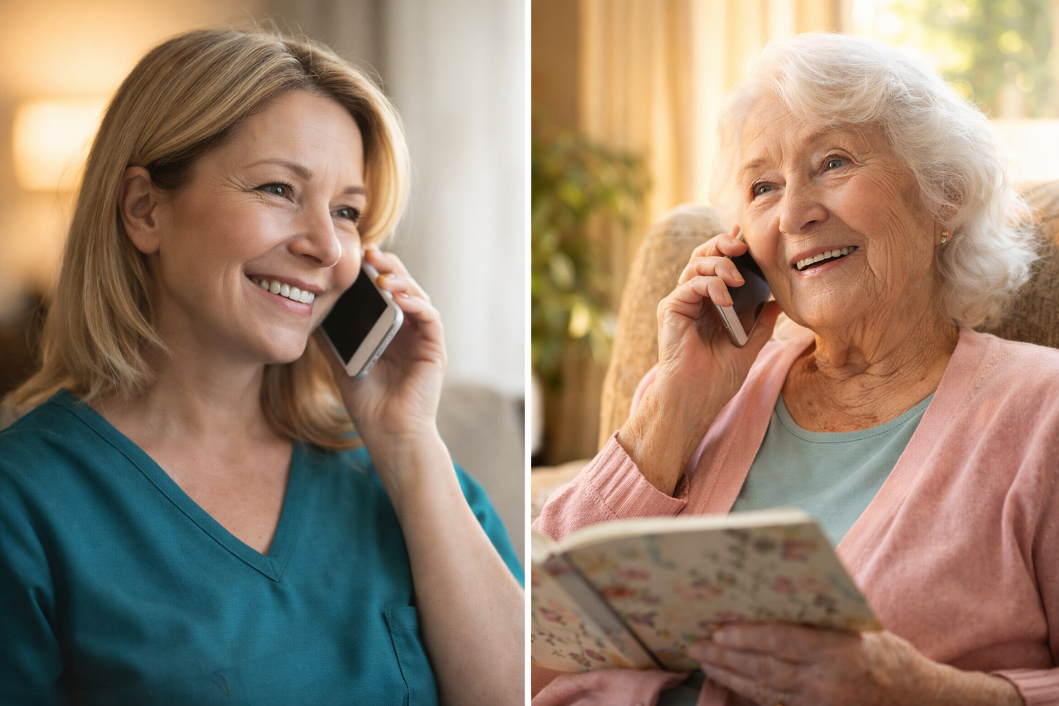 Two women, a nurse and an elderly woman, talking on the phone in a cozy room with natural light, both smiling.