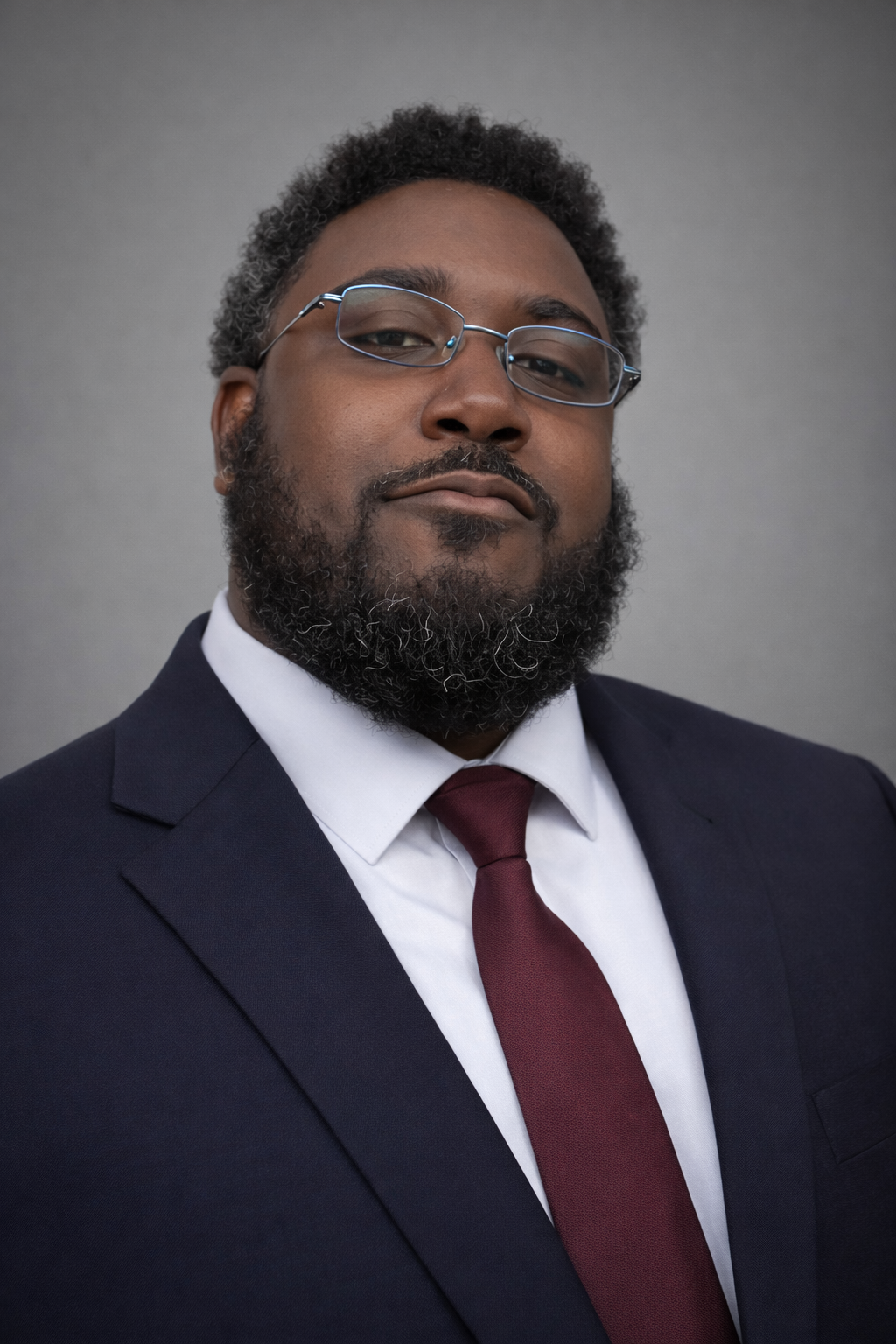 A man wearing glasses, a dark suit, white shirt, and maroon tie, looking confident against a gray background.