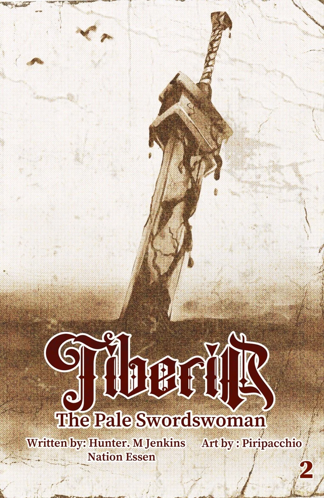 A vintage-style cover image featuring a bloodstained sword stabbed into the ground. The title reads