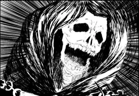 Black and white illustration of a skull with long hair, surrounded by dynamic lines.