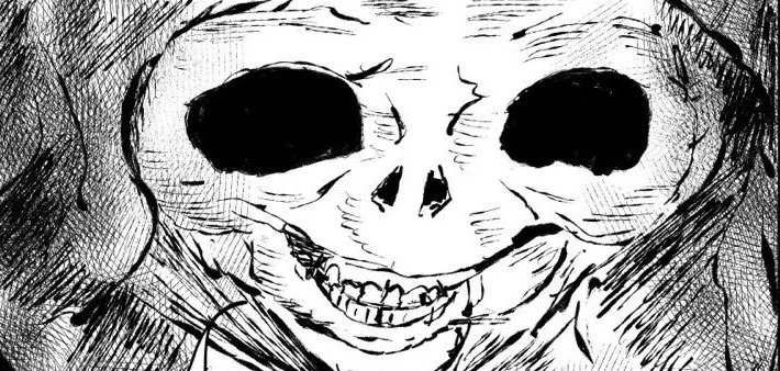 A black and white sketch of a skull with hollow eye sockets and a wide, toothy grin.
