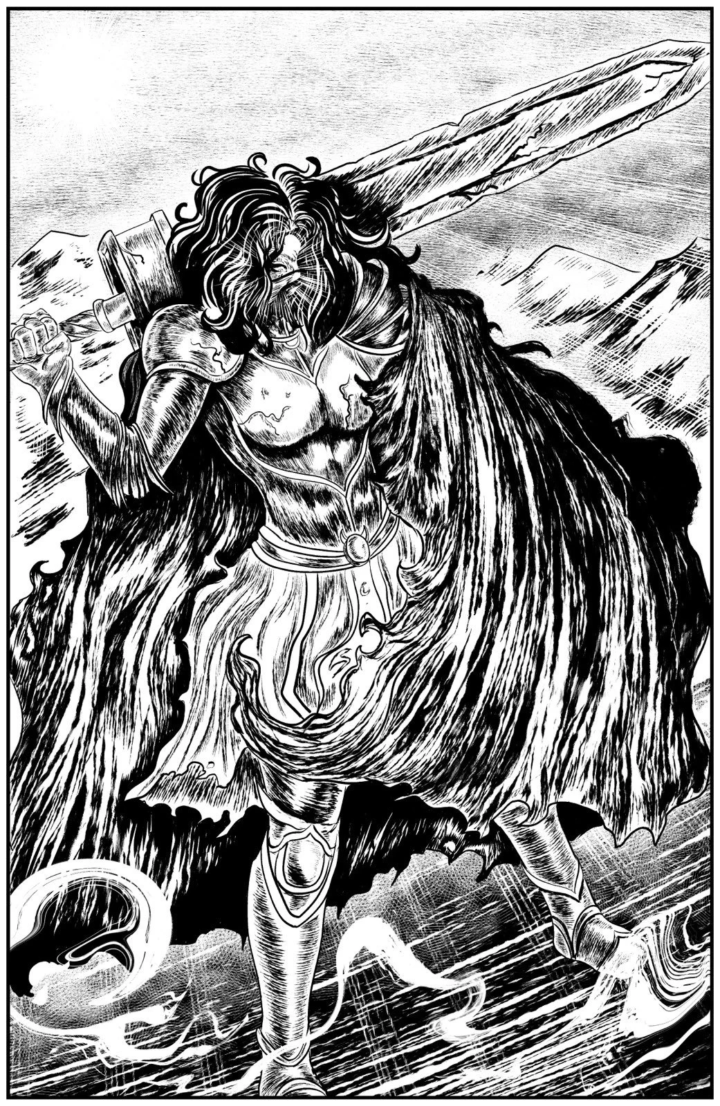Black and white illustration of a warrior woman with long hair, holding a large sword over her shoulder, wearing armor and a cape, standing in a stormy landscape.