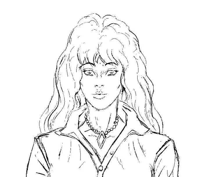 Line drawing of a woman with long, wavy hair, wearing a collared jacket and a beaded necklace