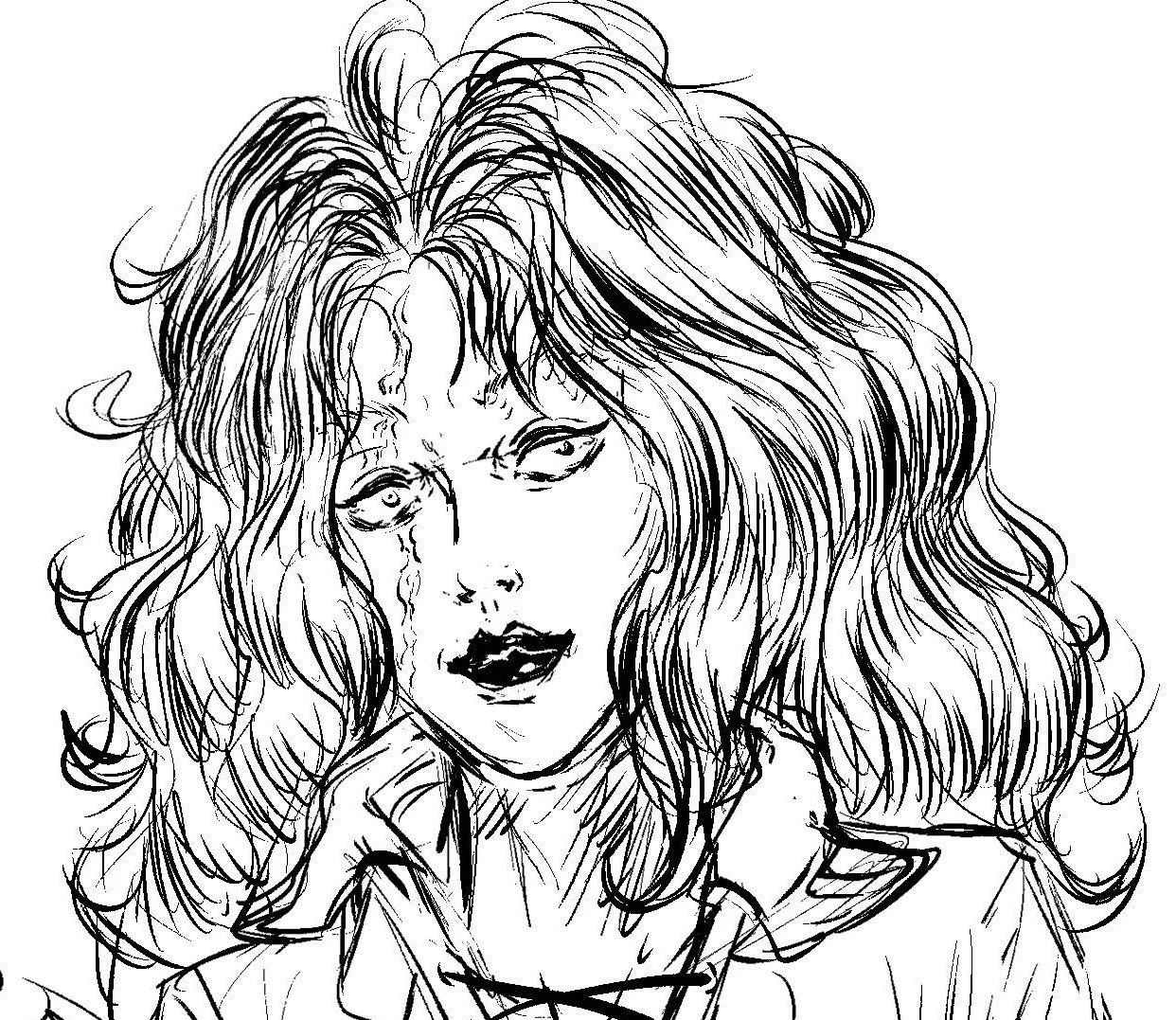 Black and white line drawing of a woman's face with long, wavy hair, intense eyes, and lips slightly parted.