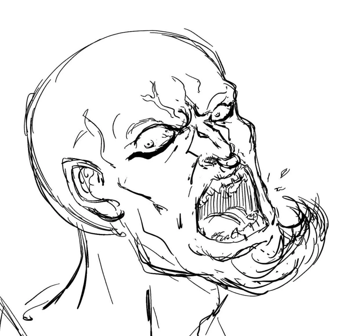 Sketch of a man with an angry expression, showing clenched teeth, furrowed brow, and wide-open eyes.