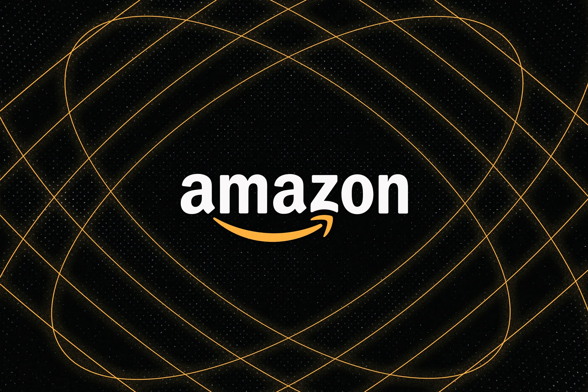 Amazon logo with orange curved arrow underneath, set against a black background with gold glowing lines forming a swirling pattern.