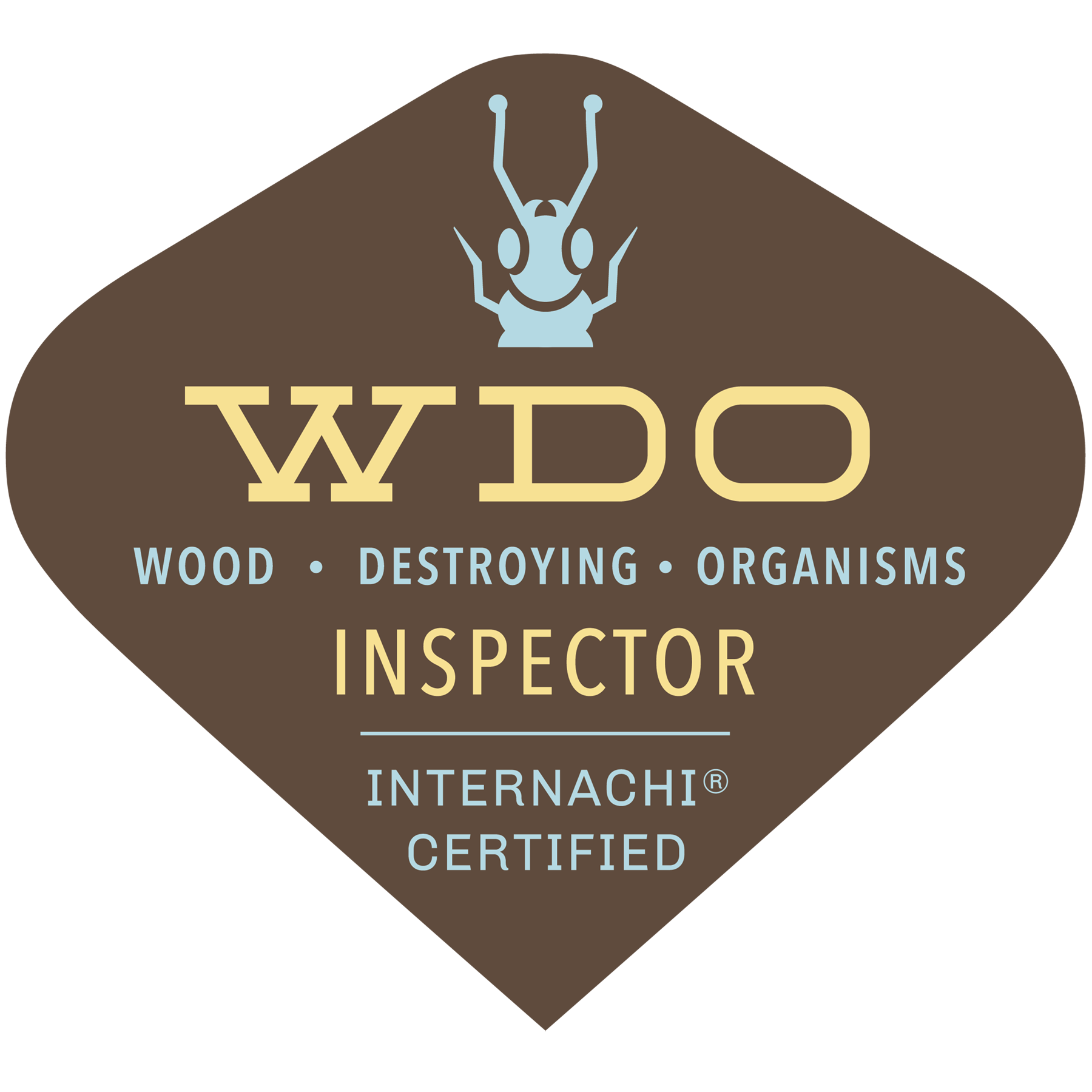 Wood inspector logo with a stylized insect graphic, text reading 'WDO', 'Wood Destroying Organisms', 'Inspector', and 'Internachi Certified' on a diamond-shaped dark background.