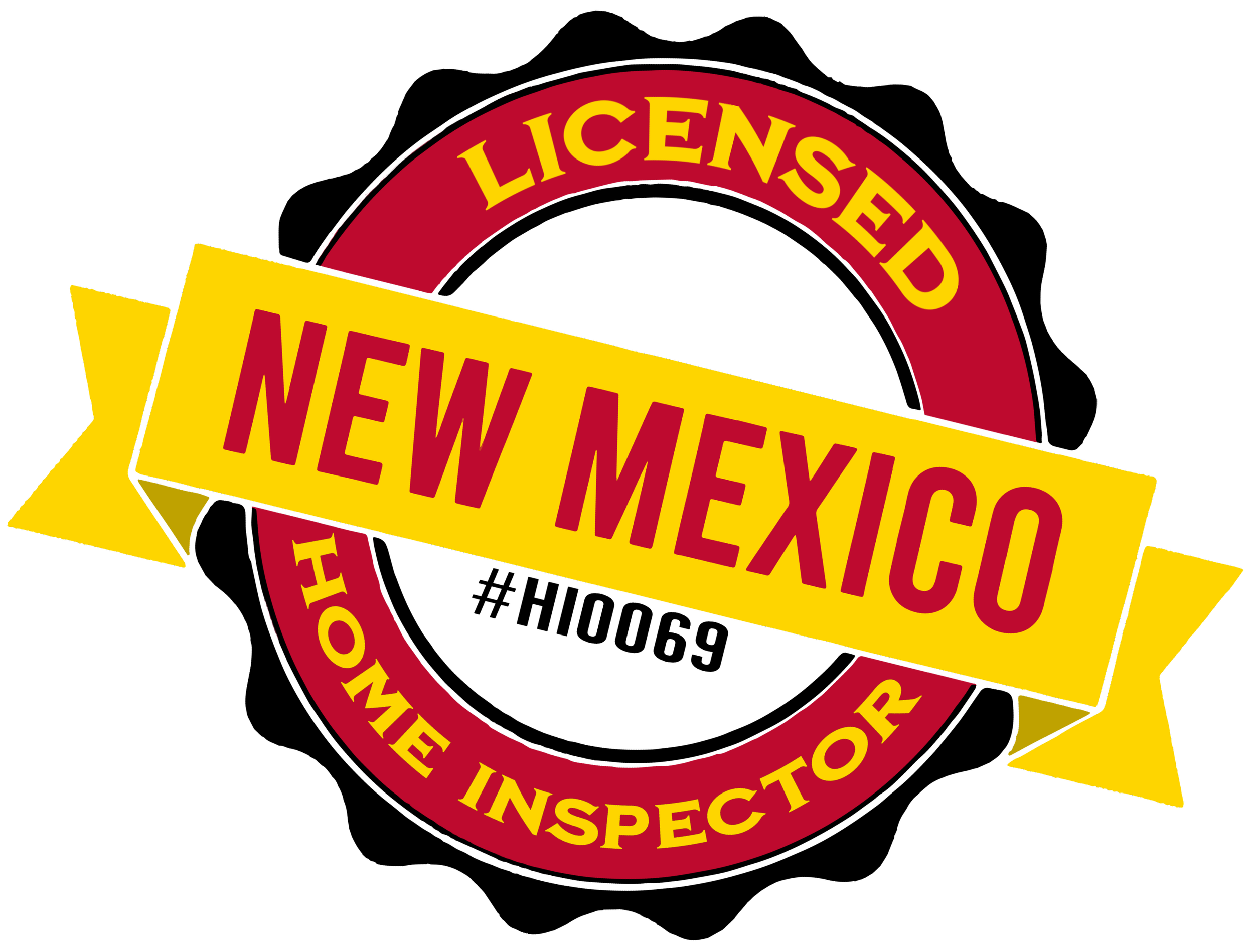 Seal of New Mexico Home Inspector License, red circle with yellow and maroon text, yellow ribbon banner with 'New Mexico' in maroon, indicates licensed home inspector in New Mexico.