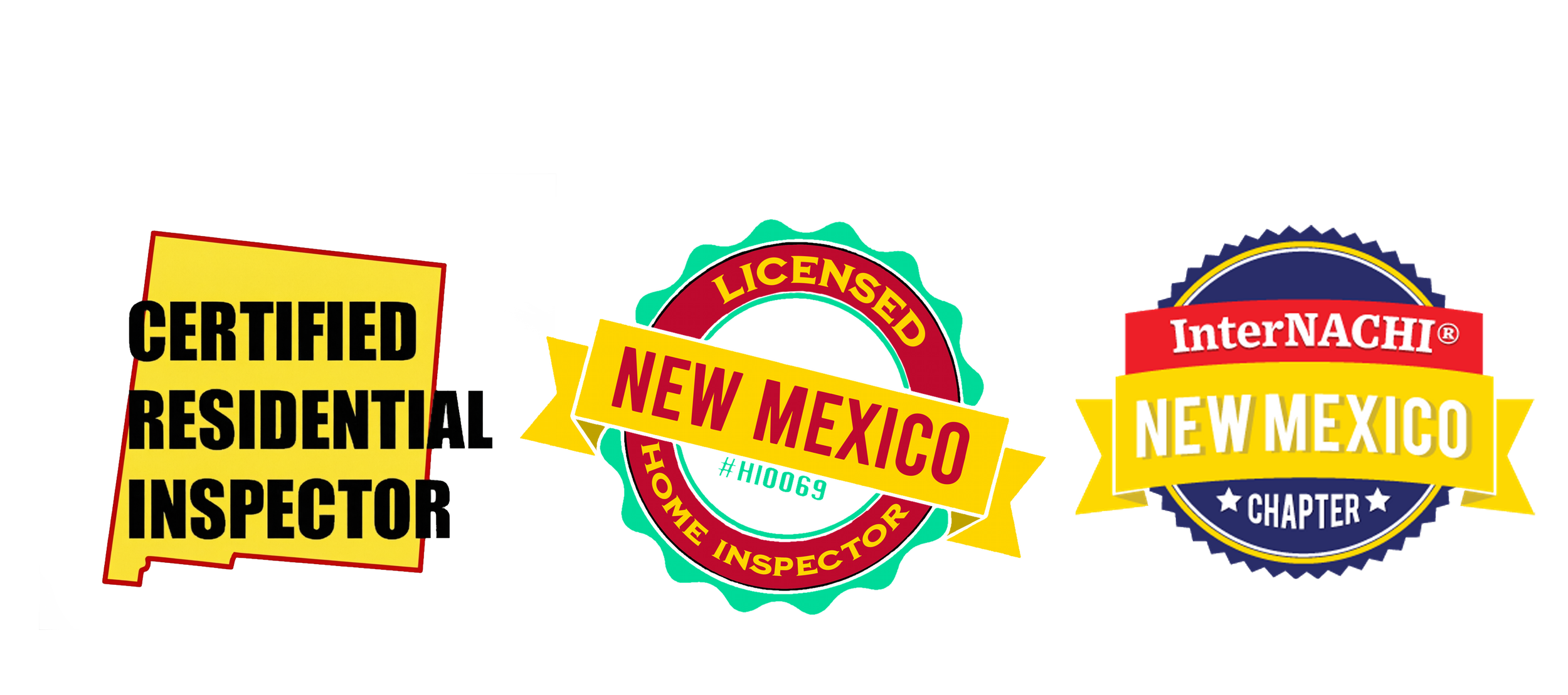Emblems and badges indicating licensing, certification, and chapters for a New Mexico resident inspector, with colors yellow, red, blue, and green.