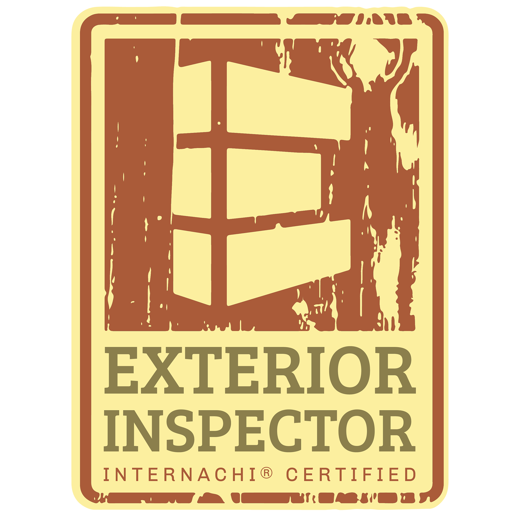 Wooden sign with the words "Exterior Inspector" and "INTERNACHI® CERTIFIED" beneath it, featuring a graphic of a tree and a house outline.