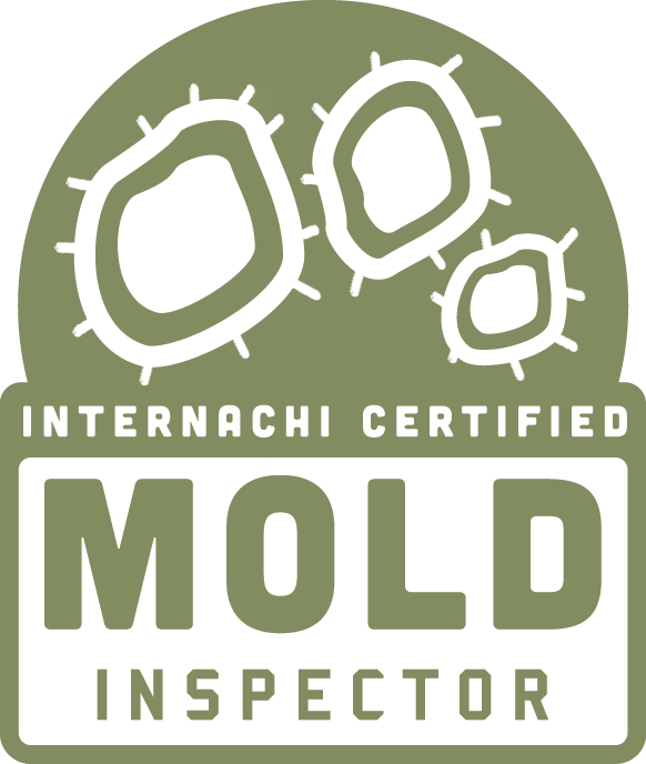 Green badge with white mold illustrations and text stating 'Internachi Certified Mold Inspector'.