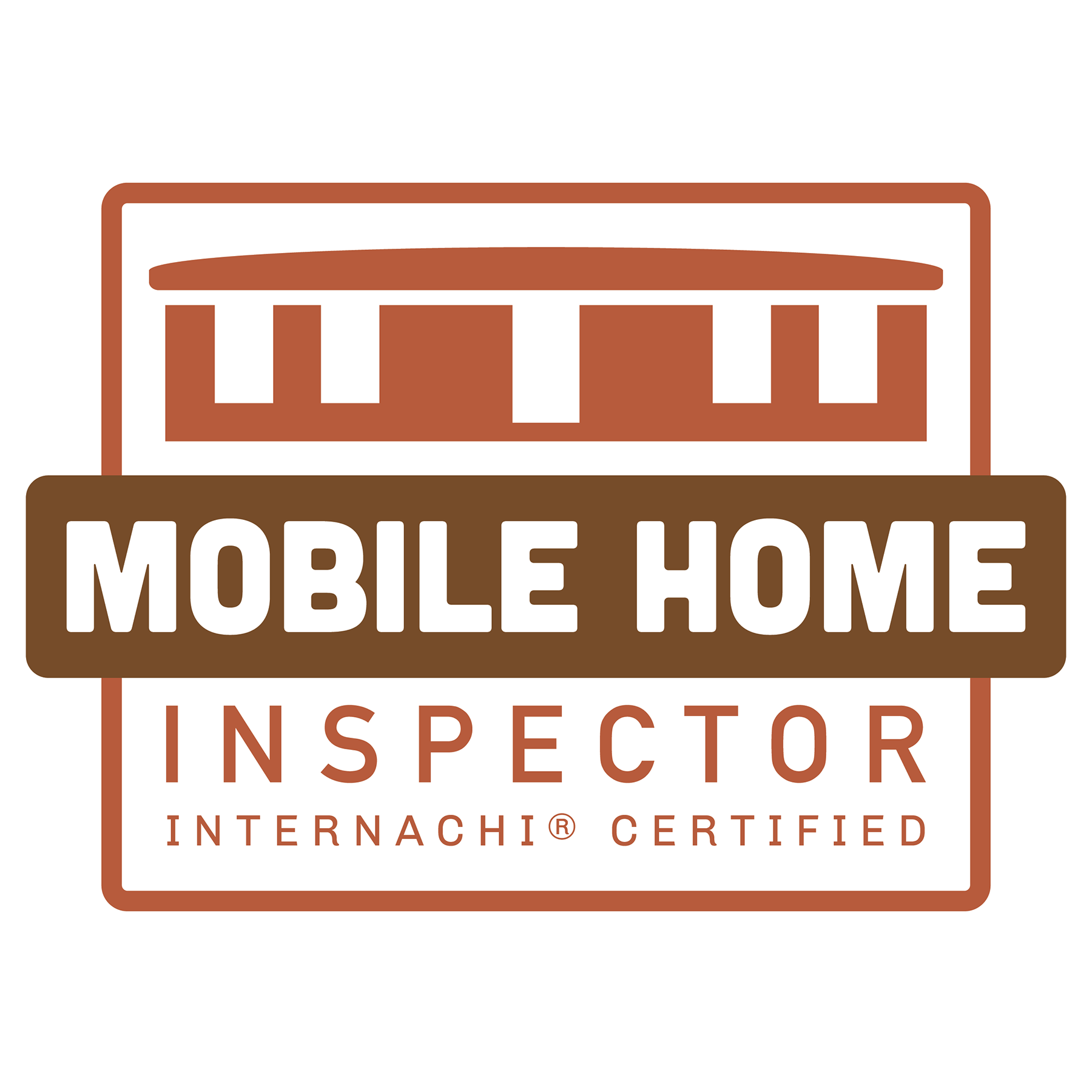 Logo for Mobile Home Inspector, INTERNACHI certified, featuring a stylized mobile home and text in brown and white colors.