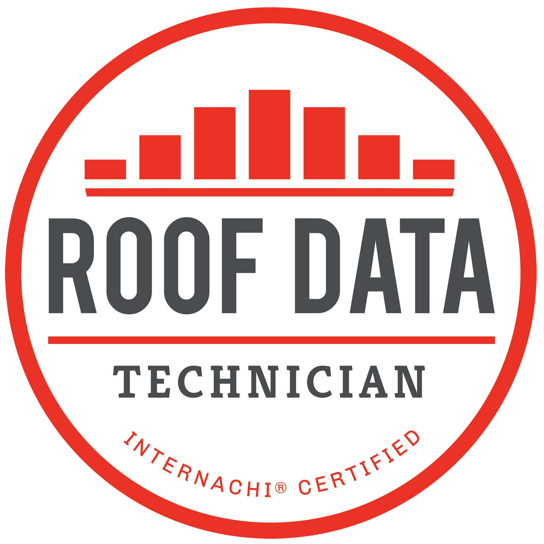 Badge with a red border and white background that reads 'Roof Data Technician' with a bar graph icon at the top and 'InterNACHI Certified' at the bottom.