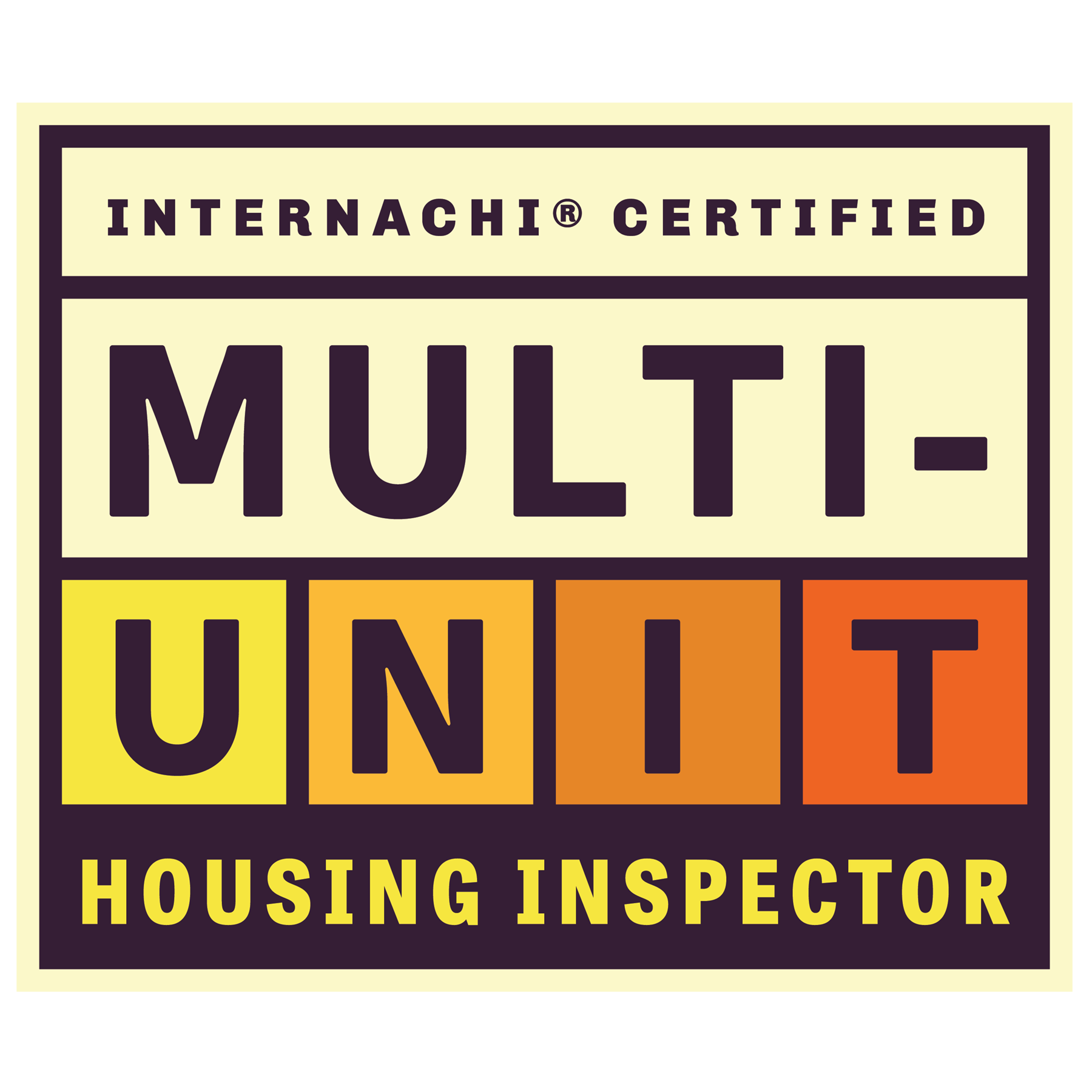 A certification badge for the INTERNACHI Multi-Unit Housing Inspector program, with a color scheme of yellow, orange, and black.