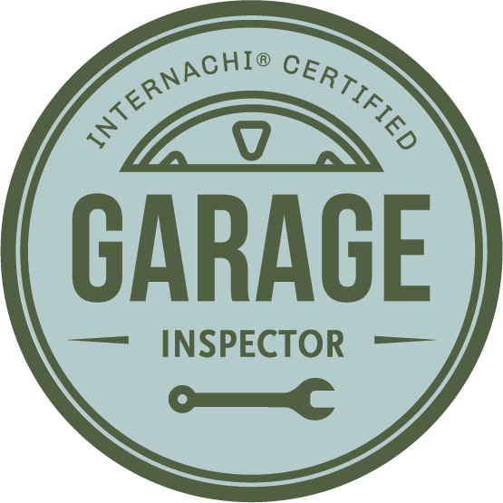 A circular badge with green hues, stating 'Internachi Certified Garage Inspector' with a wrench icon at the bottom