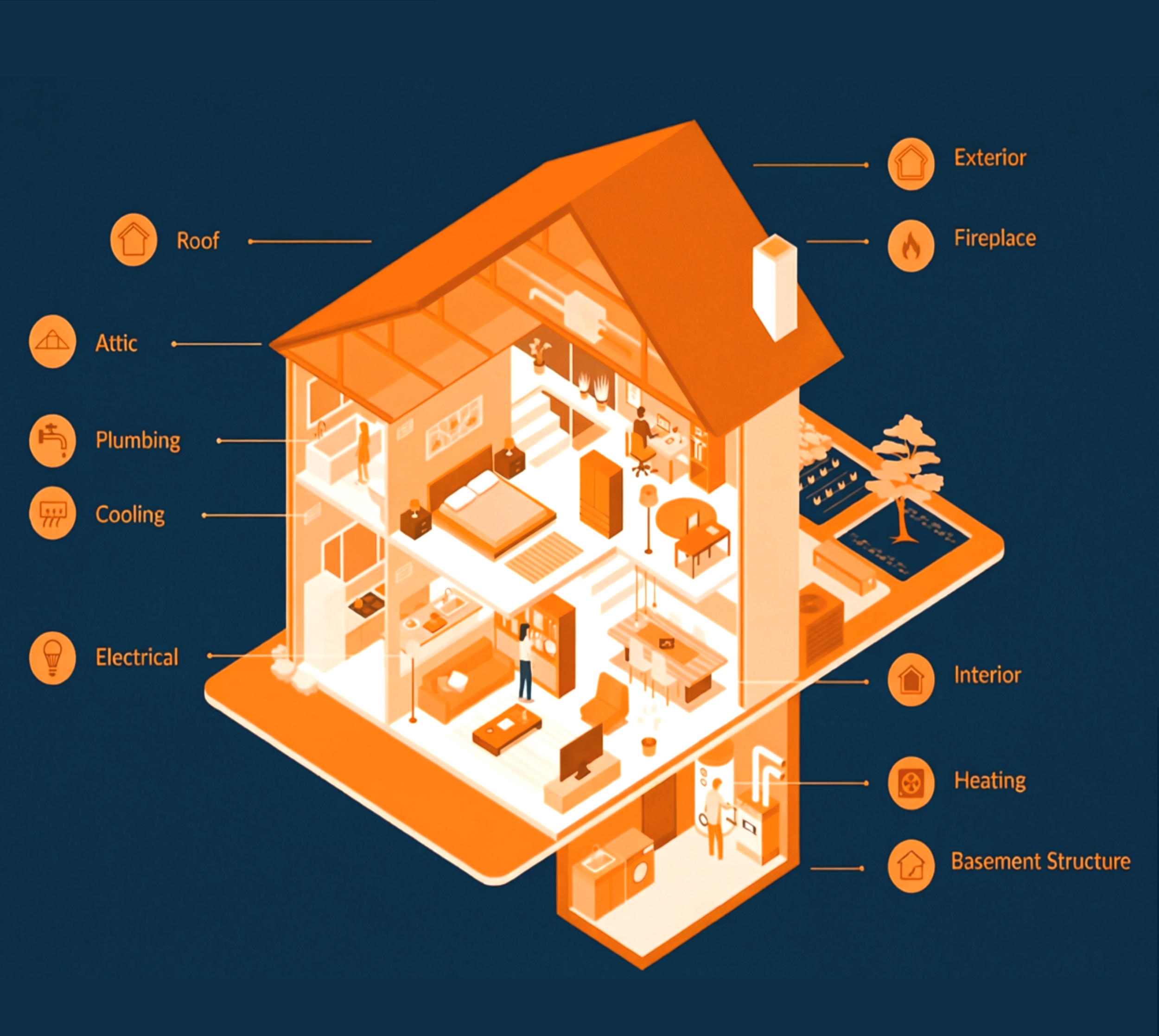 Cross-section of a house showing different areas and features labeled, including exterior, roof, attic, plumbing, cooling, electrical, interior, heating, basement structure, and chimney with a fireplace.