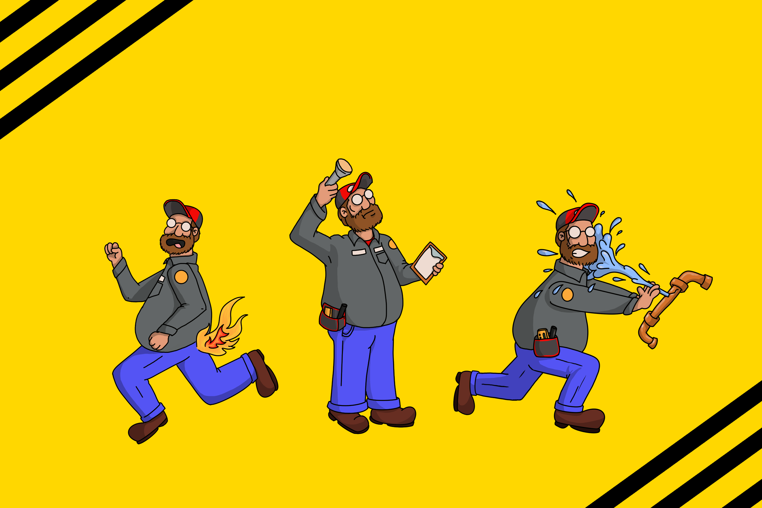 Illustration of a male worker in three different states: on fire, working with a flashlight and notebook, and getting sprayed with water.