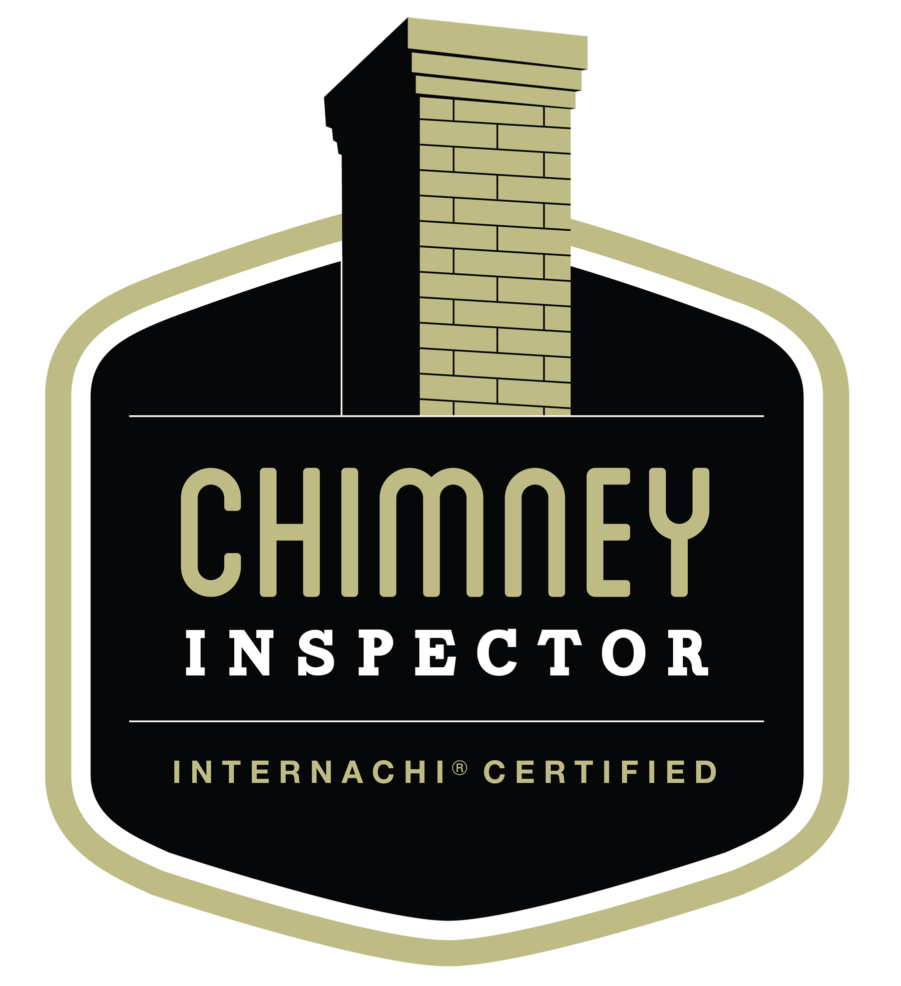 A logo for Chimney Inspector, Internationally Certified, featuring a chimney above a black shield with beige outline and text.