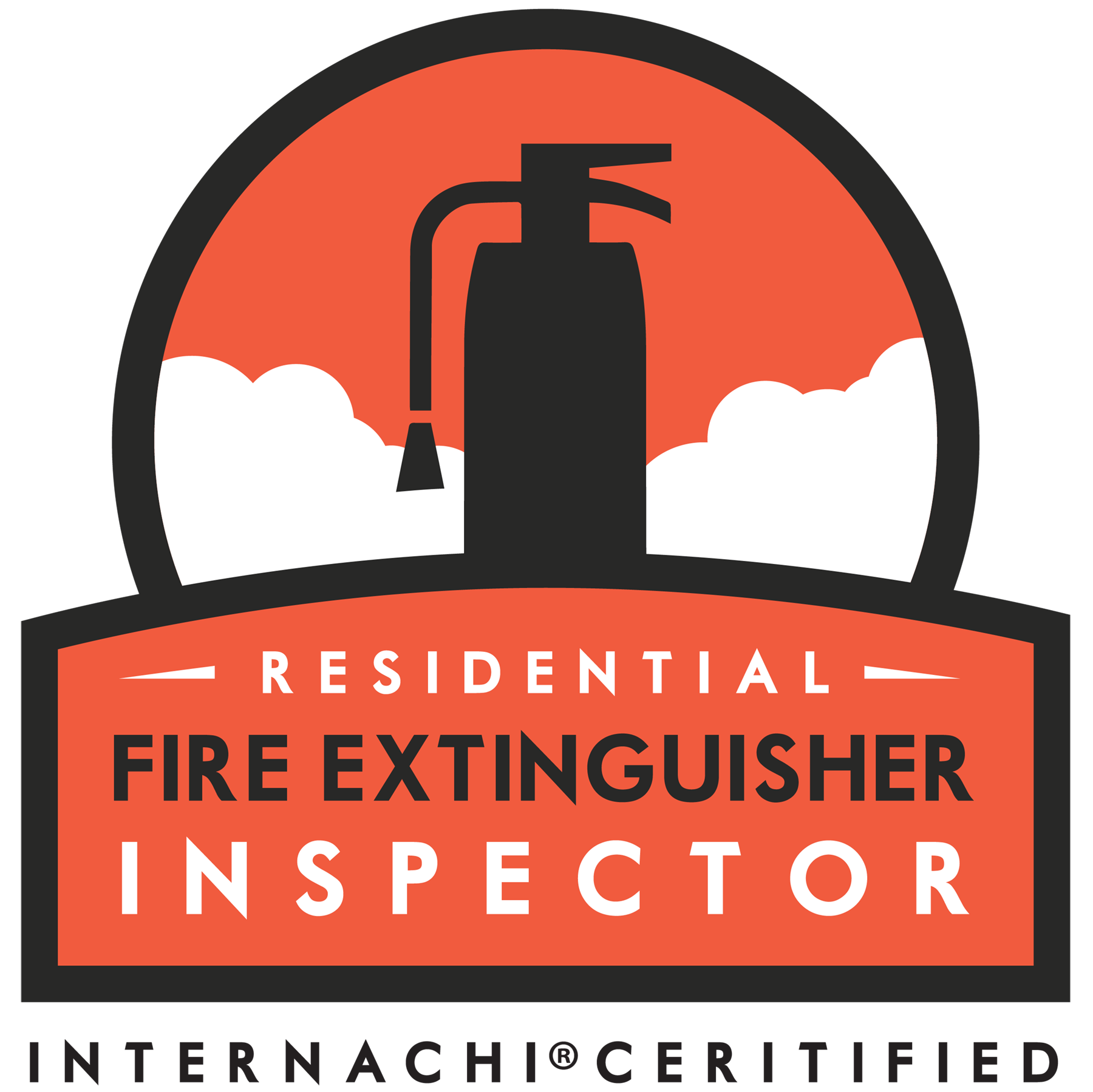 Logo for a residential fire extinguisher inspector featuring a silhouette of a fire extinguisher with a red background and clouds, and text indicating it is for a fire extinguisher inspector.