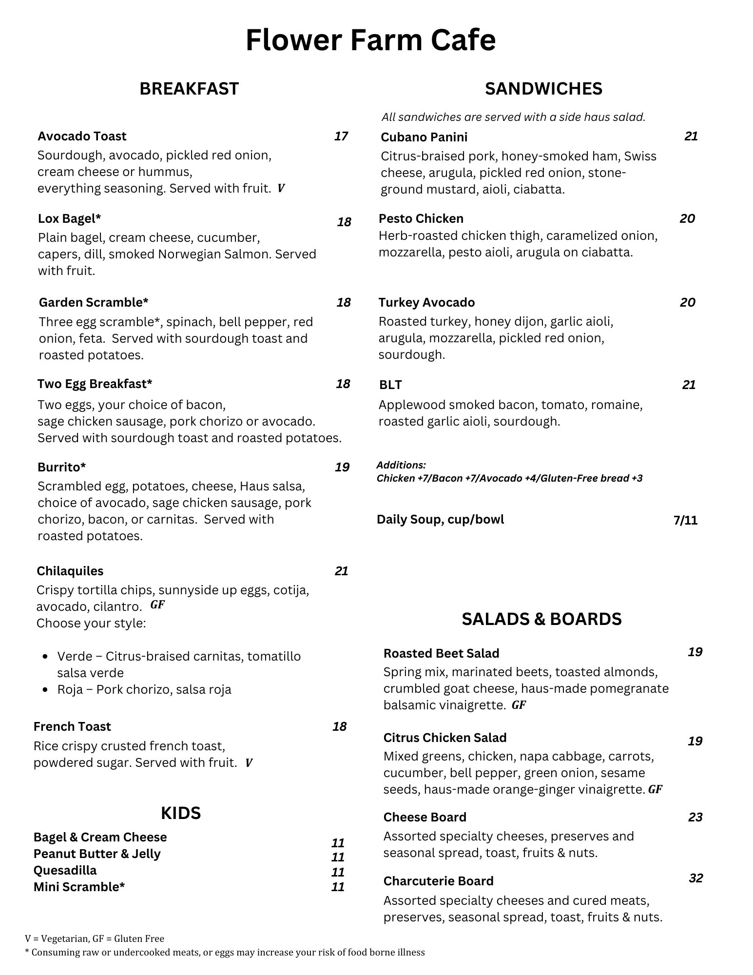 Menu from Flower Farm Cafe featuring breakfast, sandwiches, salads, kids' options, cheese board, and charcuterie board.