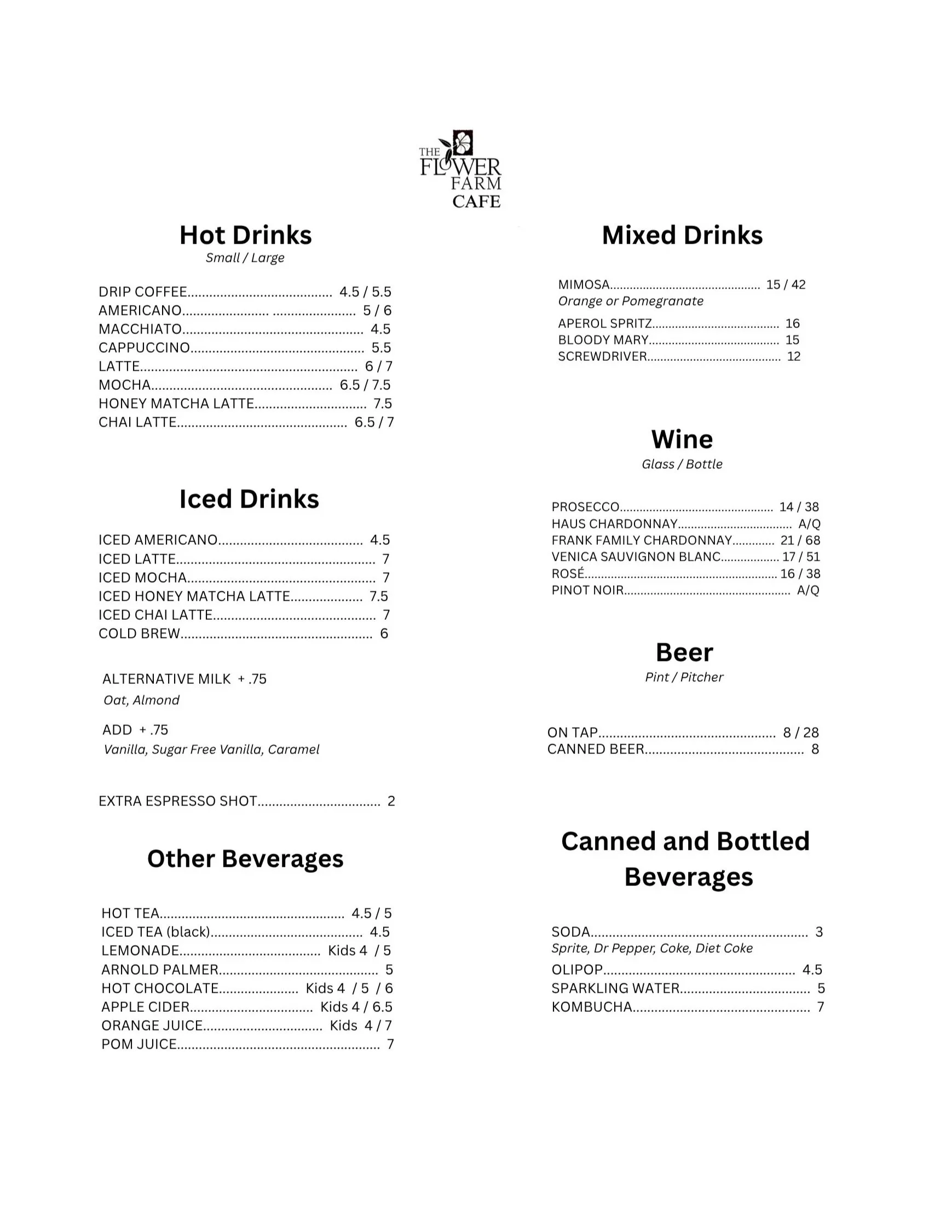A menu from The Flower Farm Cafe listing drinks including hot, iced, mixed drinks, wine, beer, and other beverages with prices.