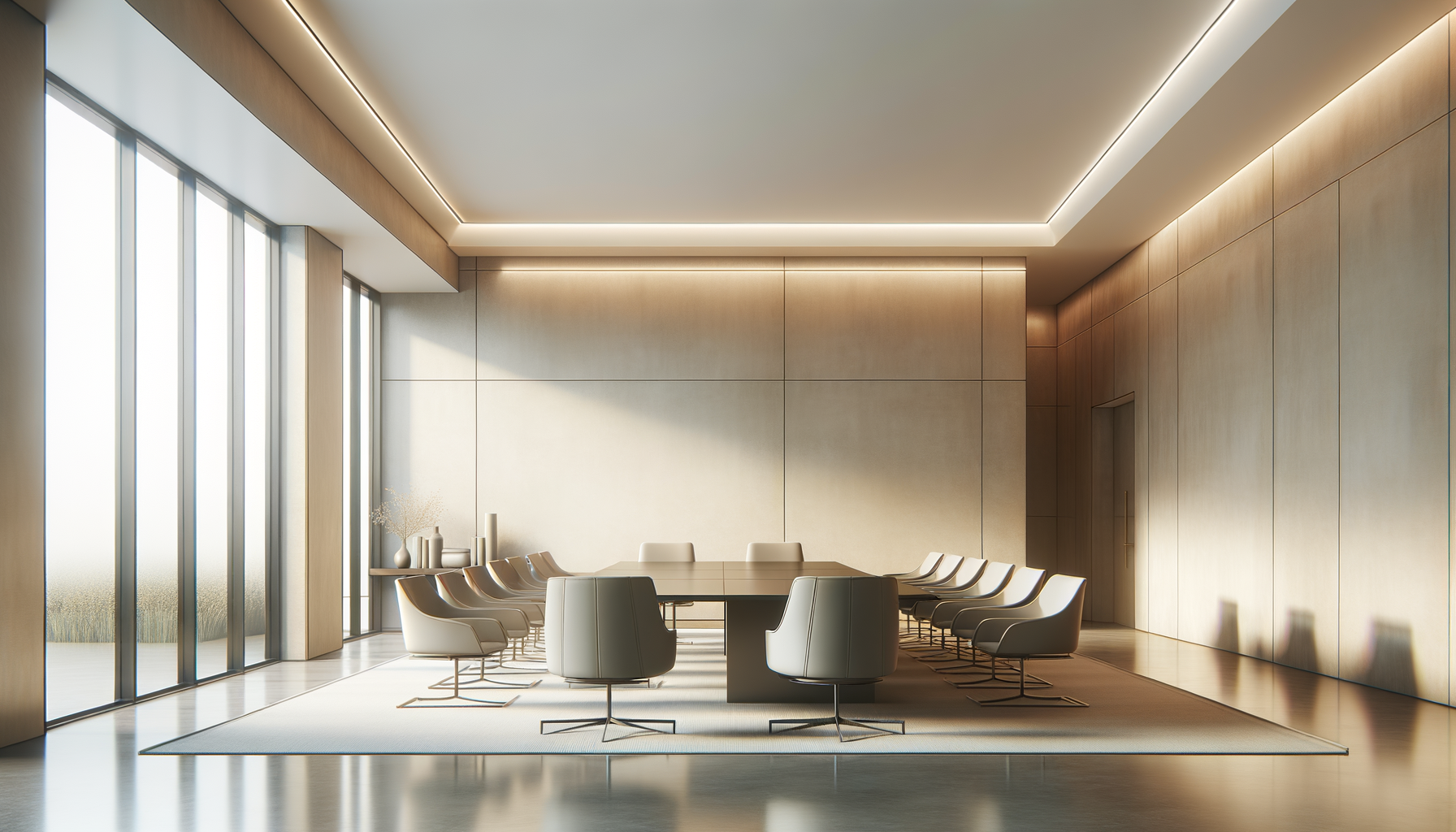 A modern, minimalist conference room with a large rectangular table, surrounded by white chairs. Floor-to-ceiling windows on the left let in natural light, with a decorative vase and vases on a side table. The room features wood paneling and soft lighting along the ceiling edges.