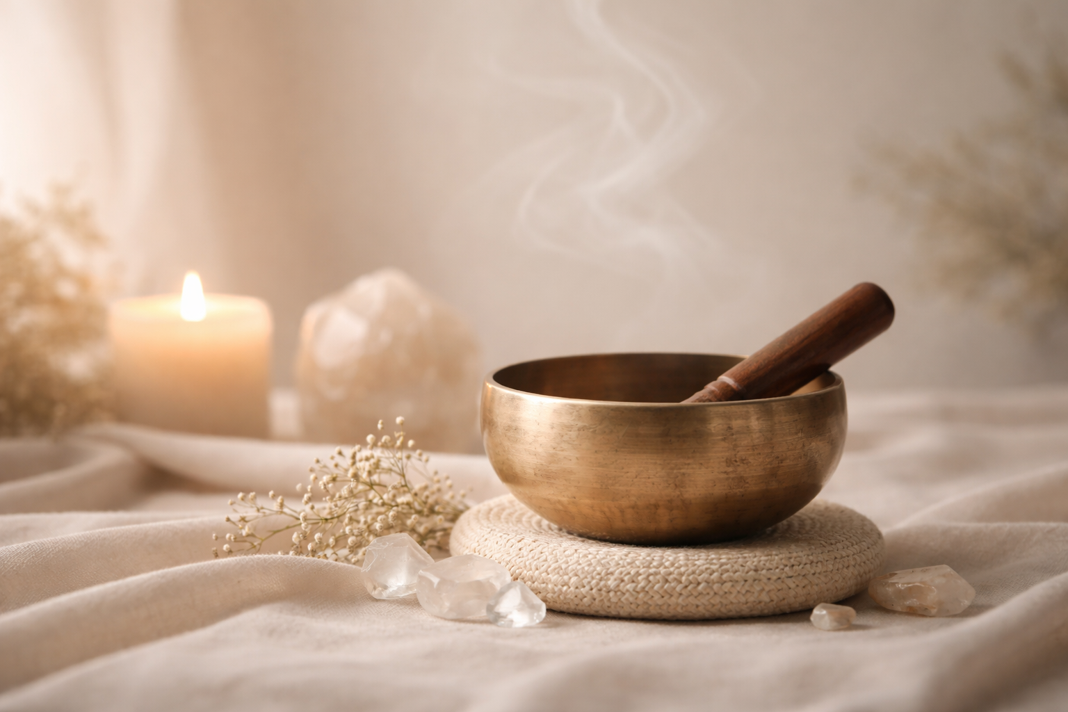 A brass singing bowl with a wooden mallet, surrounded by crystals, dried flowers, and a lit candle on a soft, light-colored fabric.