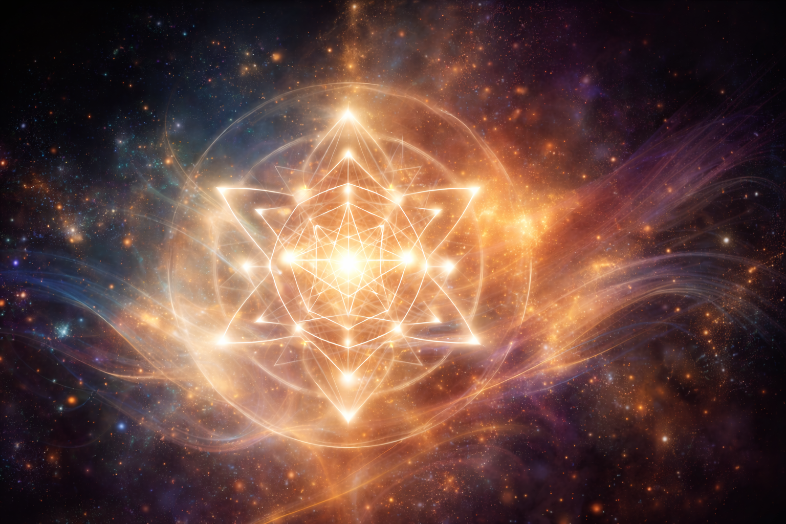 Abstract digital art featuring a glowing geometric pattern resembling a star or sacred geometry, set against a backdrop of a star-filled universe with bright and colorful cosmic elements.