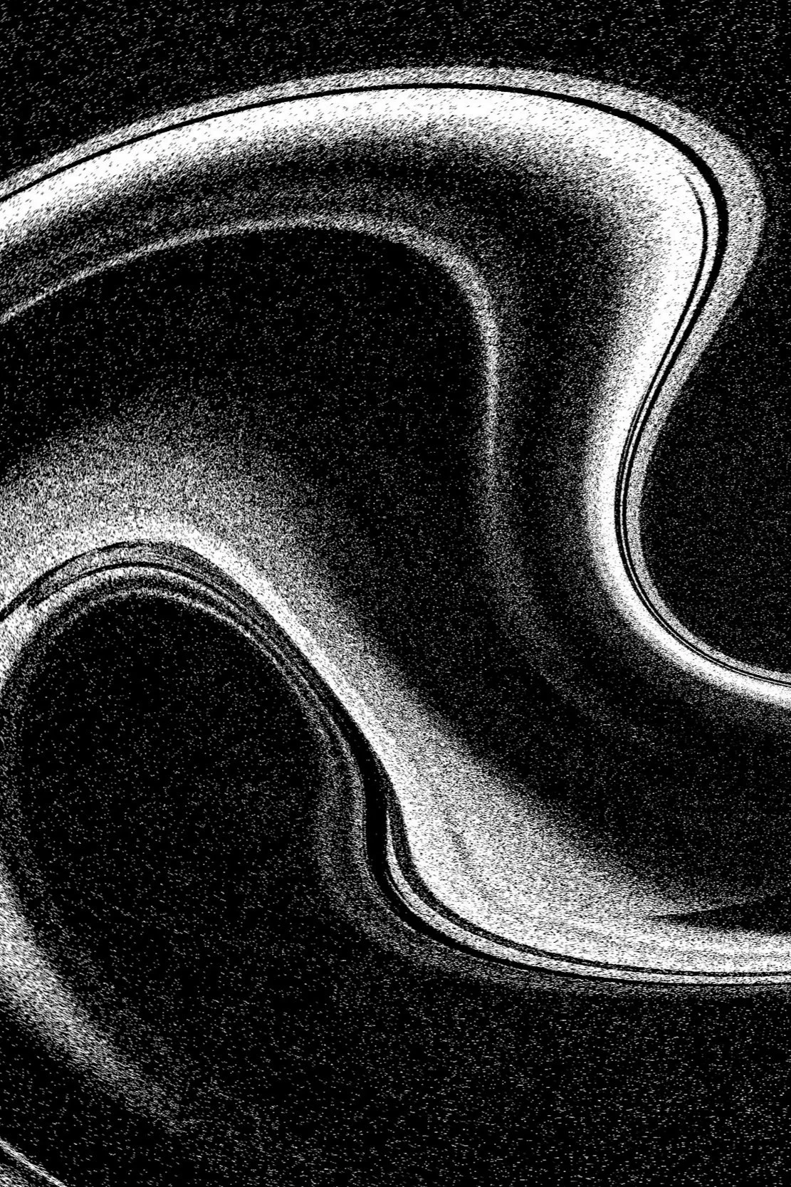 Abstract black and white swirl pattern with textured grainy effect.