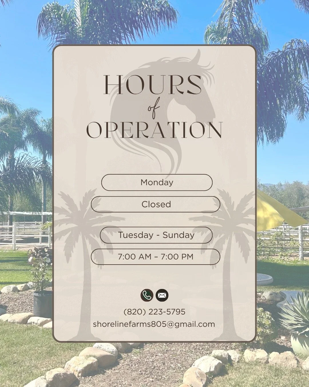 We&rsquo;re excited to share our hours of operation! If you&rsquo;re interested in boarding with us, please don&rsquo;t hesitate to get in touch. You can reach us by phone, email, or by filling out the information request form on our website.

We wel